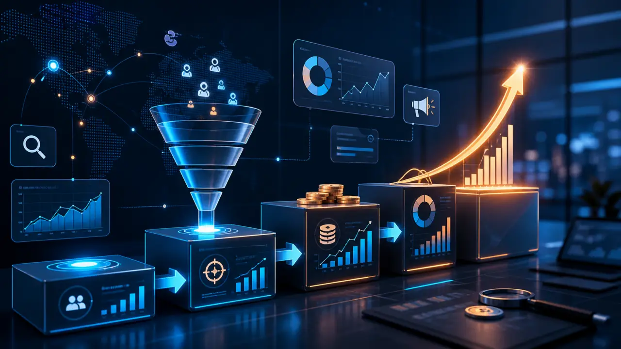 Flux de données lumineux symbolisant la performance publicitaire en B2B